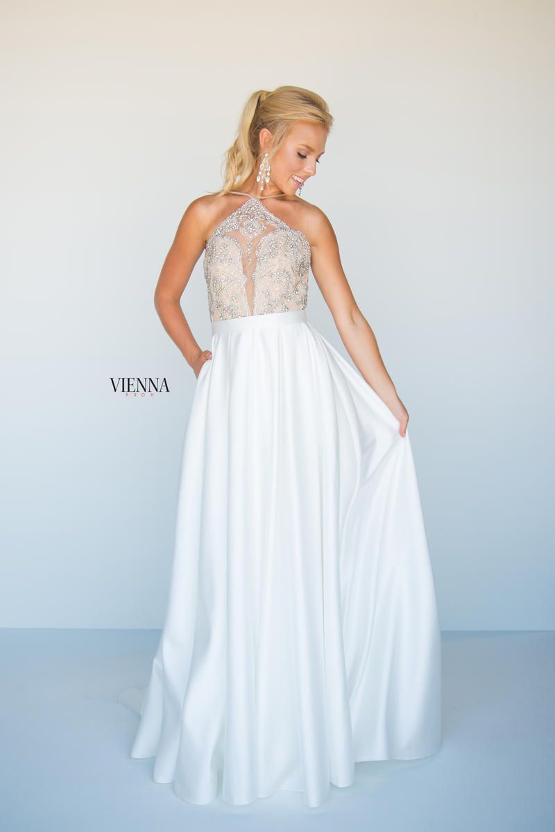 Style 9939 Vienna Size 10 Prom Halter Sequined White A-line Dress on Queenly