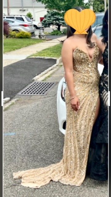 Style 11236 Ashley Lauren Size 0 Prom Strapless Sequined Gold Dress With Train on Queenly