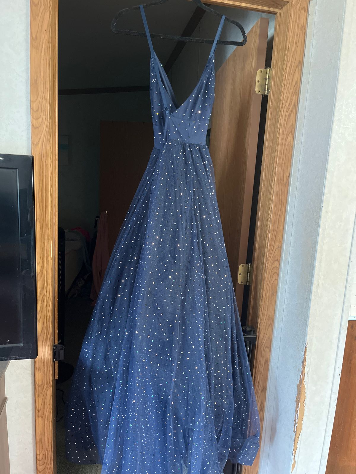 Size M Prom Plunge Sheer Navy Blue Ball Gown on Queenly