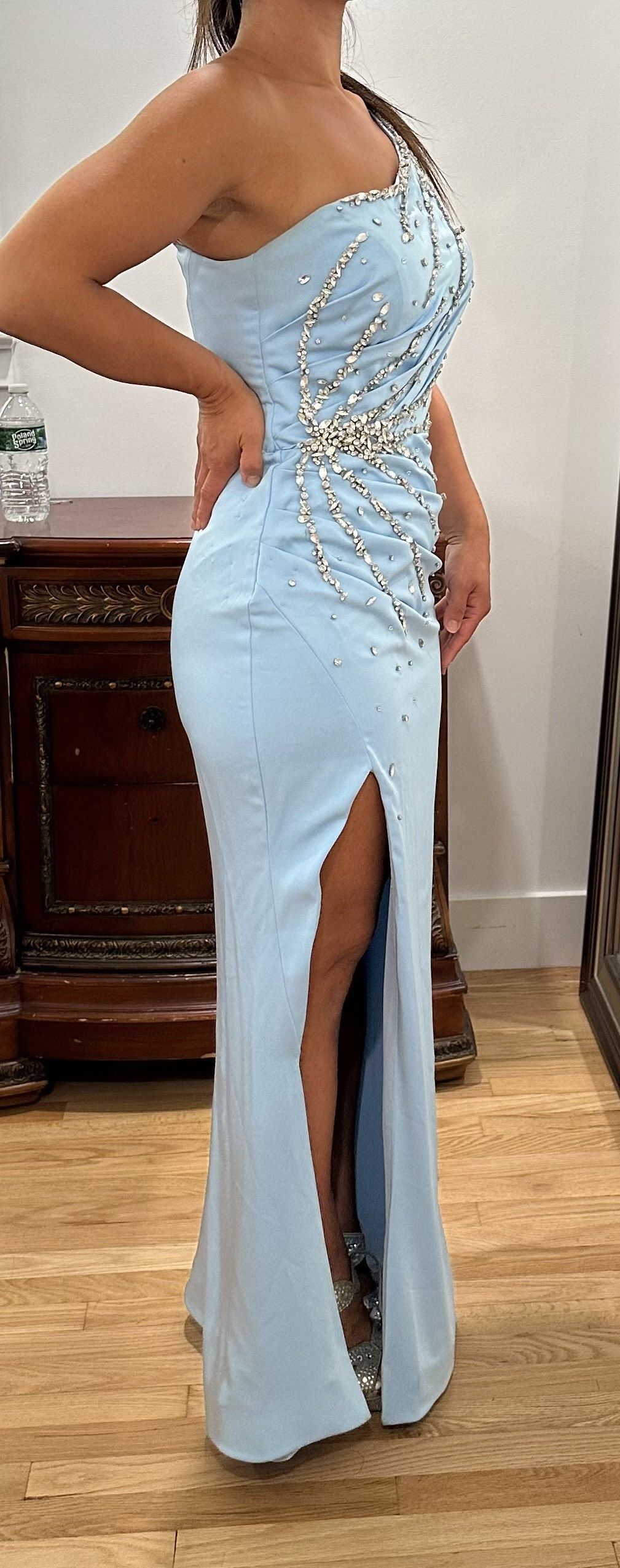 Portia and Scarlett Size 6 Prom One Shoulder Sequined Light Blue Floor Length Maxi on Queenly