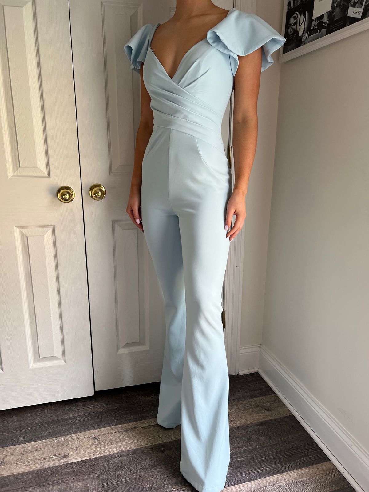Ashley Lauren Size 4 Prom Plunge Light Blue Formal Jumpsuit on Queenly