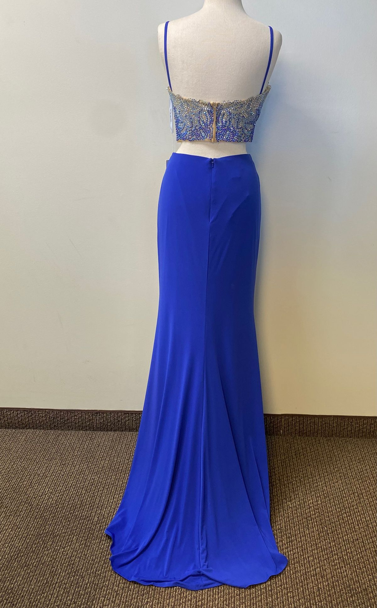 Style 6599 Rachel Allan Size 12 Prom Halter Sequined Royal Blue Side Slit Dress on Queenly