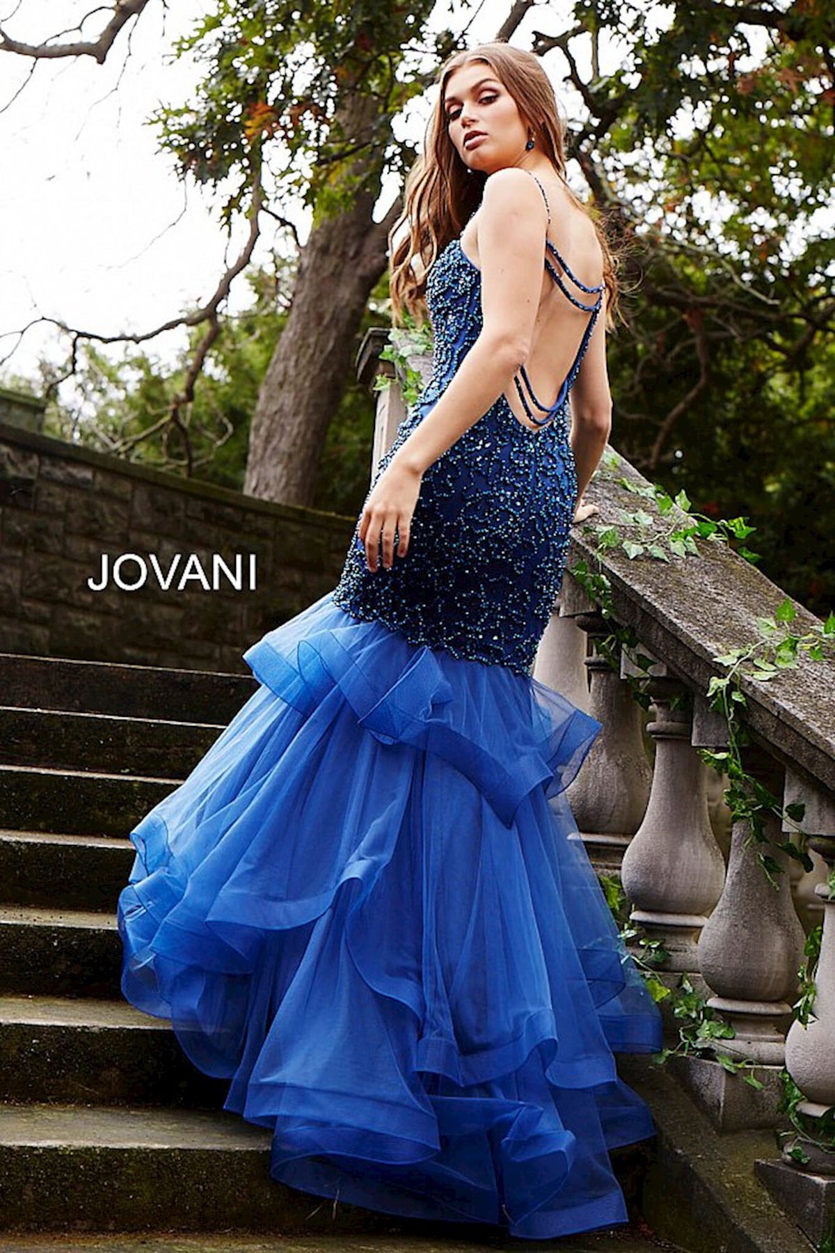 Style 50405 Jovani Size 0 Prom Plunge Sequined Royal Blue Mermaid Dress on Queenly