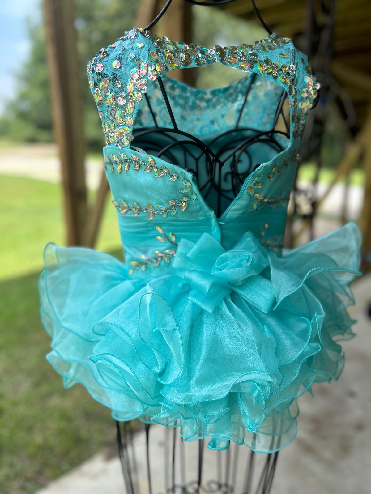 Girls Size 3 Pageant Sequined Turquoise Blue Ball Gown on Queenly