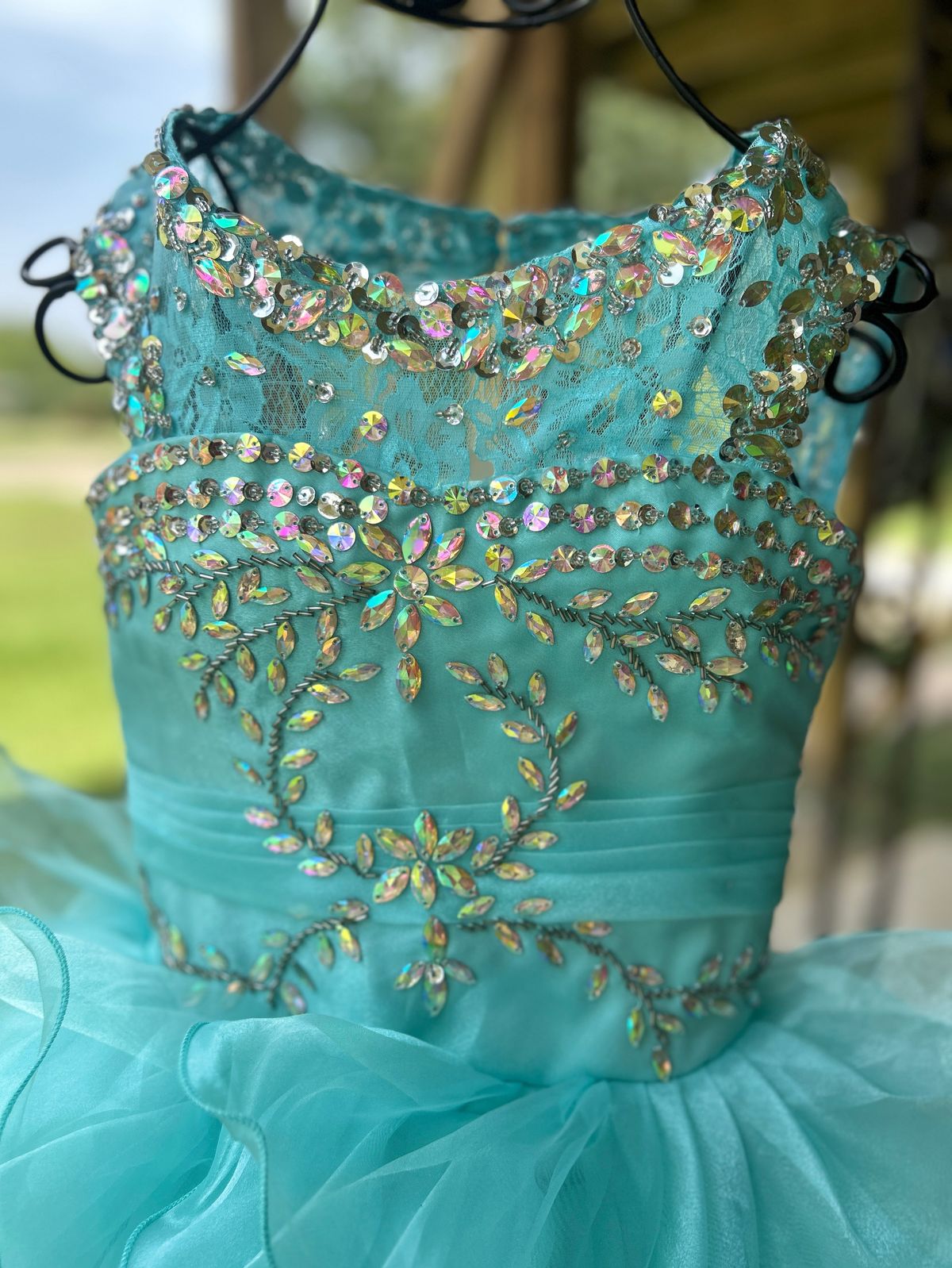 Girls Size 3 Pageant Sequined Turquoise Blue Ball Gown on Queenly