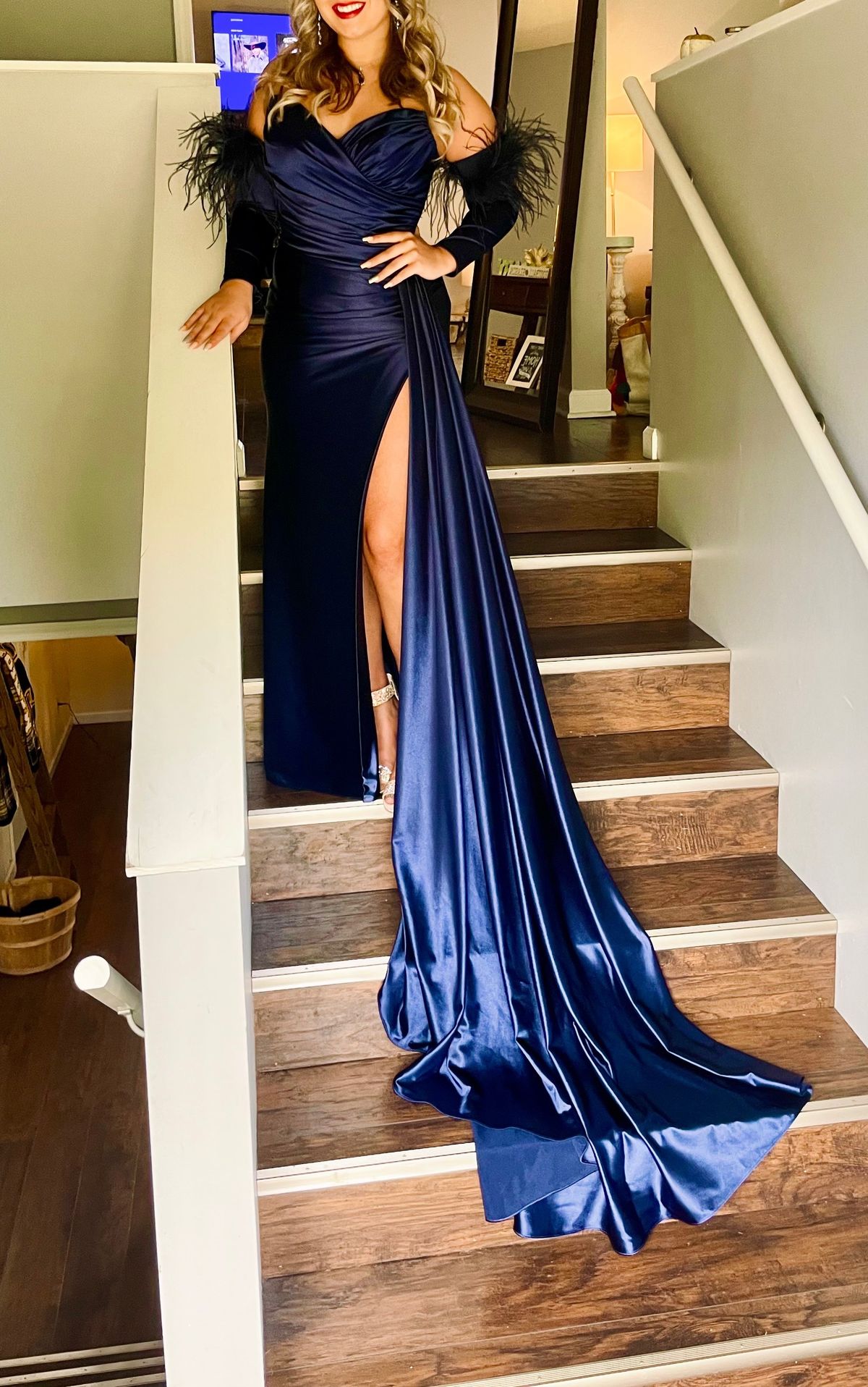 Style 55170 Sherri Hill Size 6 Prom Strapless Sequined Navy Blue Side Slit Dress on Queenly