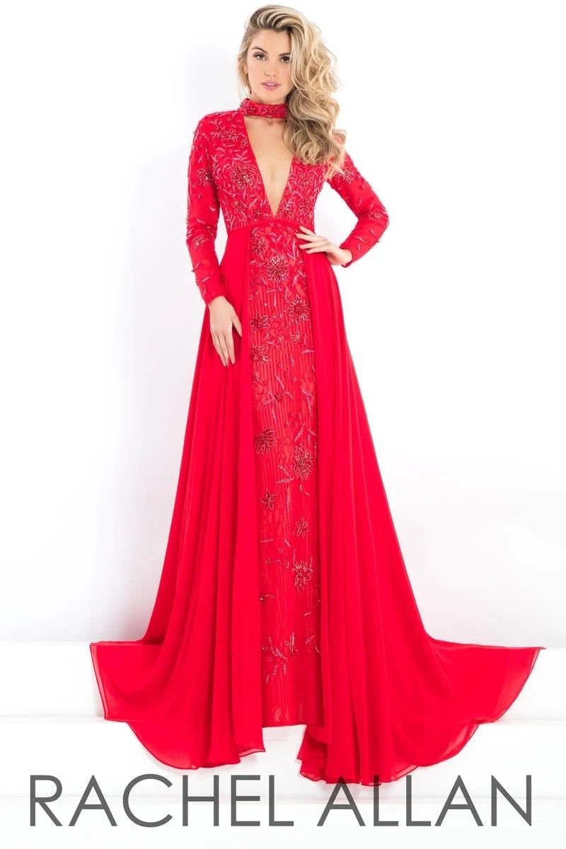 Style 5986 Rachel Allan Size 8 Plunge Red Dress With Train on Queenly