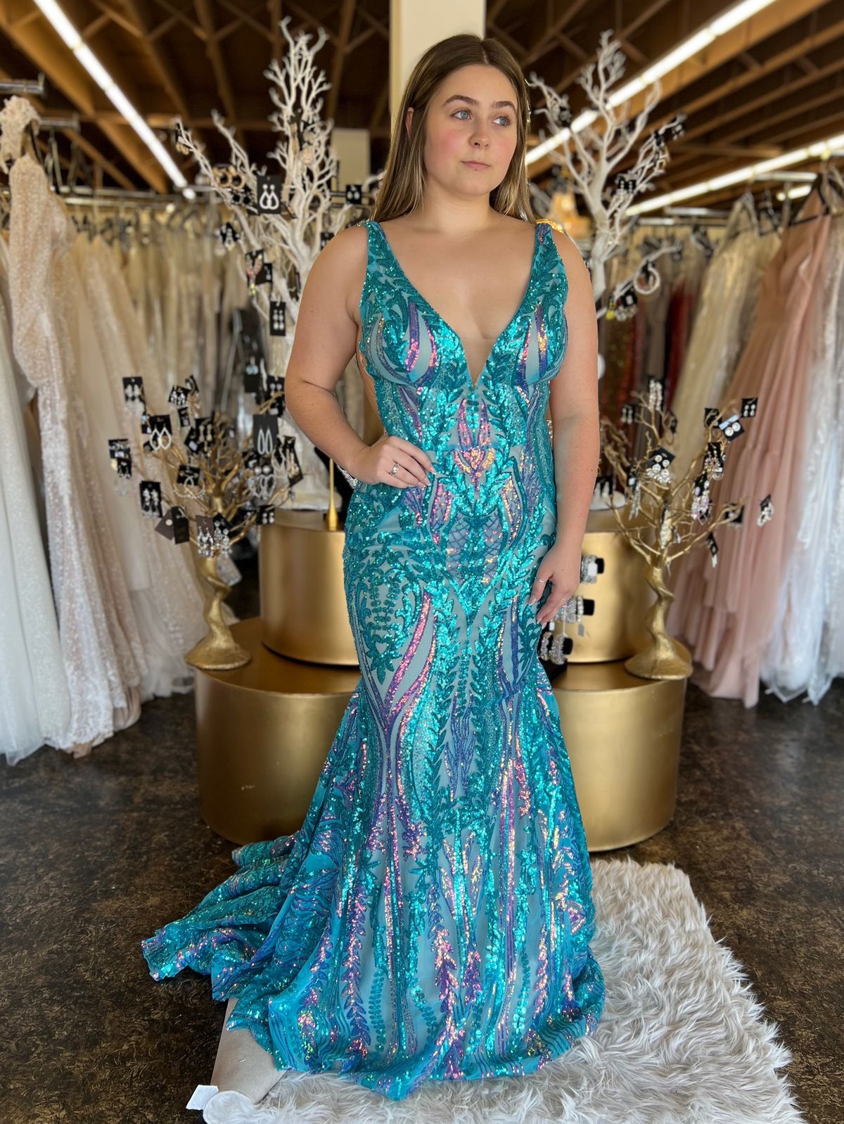 Style 22770A Jovani Size 14 Prom Plunge Blue Mermaid Dress on Queenly