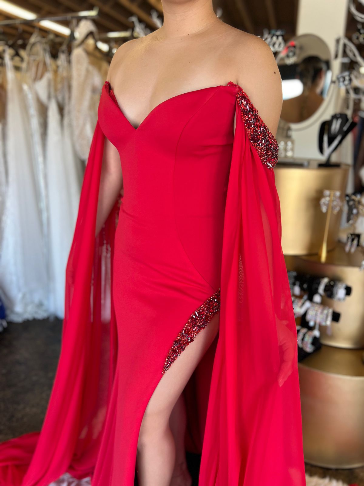 Style 07652 Jovani Size 8 Pageant Off The Shoulder Red Mermaid Dress on Queenly