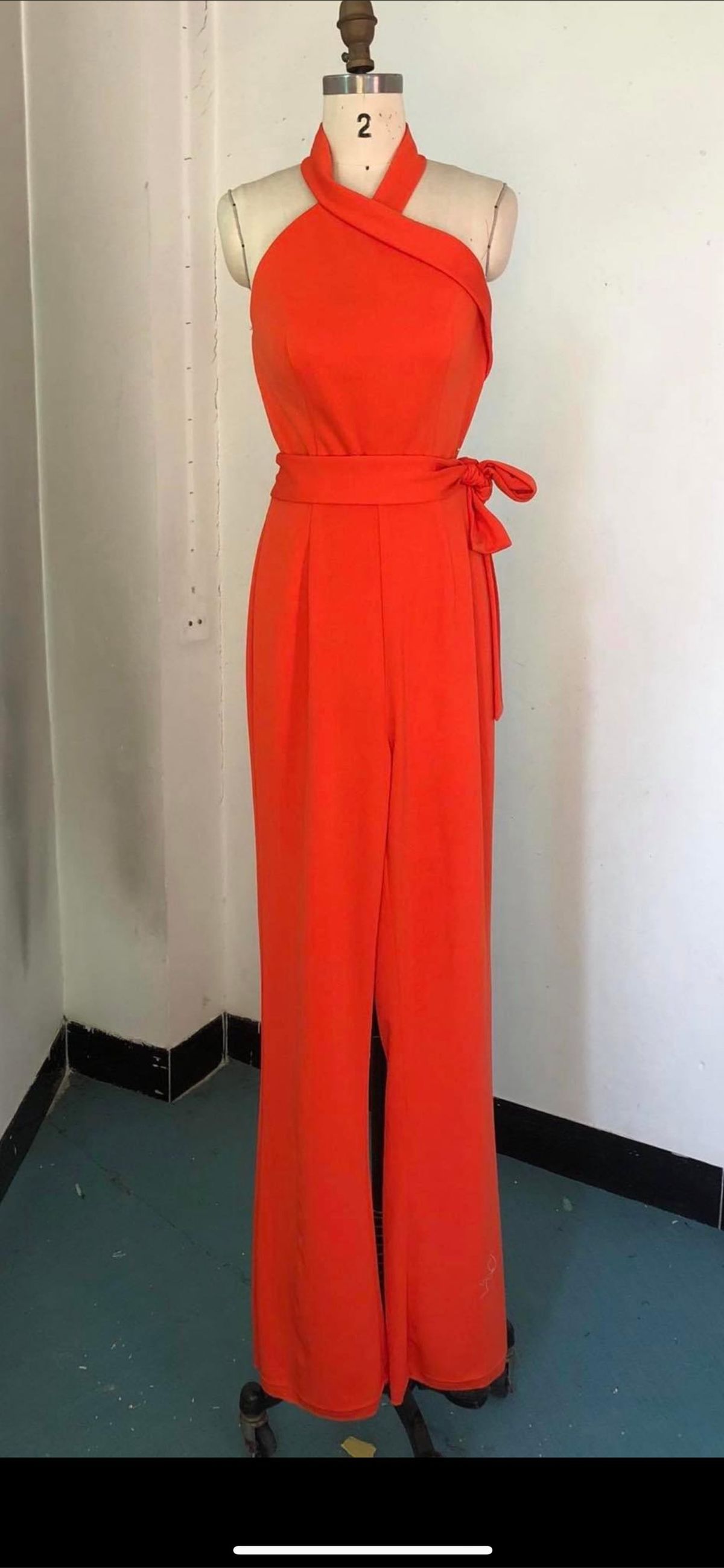 Size 4 Halter Orange Formal Jumpsuit on Queenly