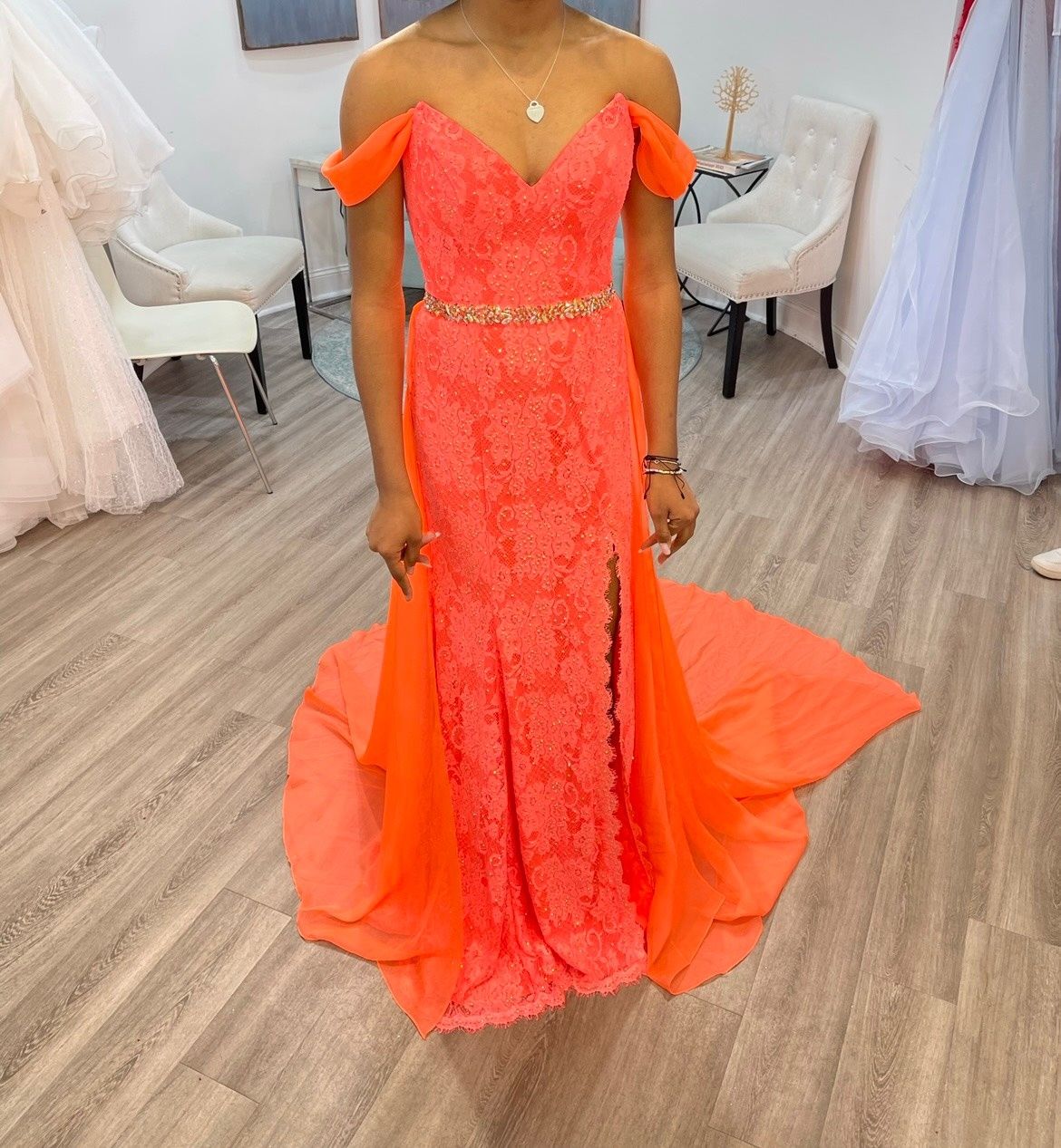 Style 2715 Johnathan Kayne Size 4 Prom Off The Shoulder Orange A-line Dress on Queenly