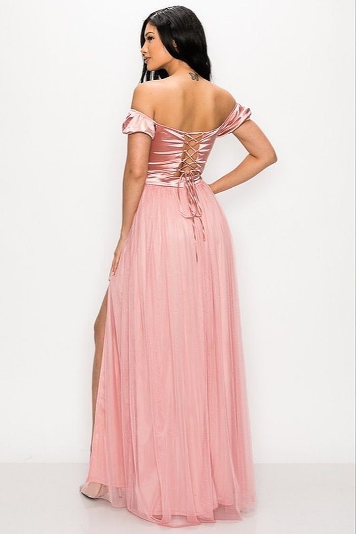 Privy Size 2 Off The Shoulder Satin Pink Side Slit Dress on Queenly