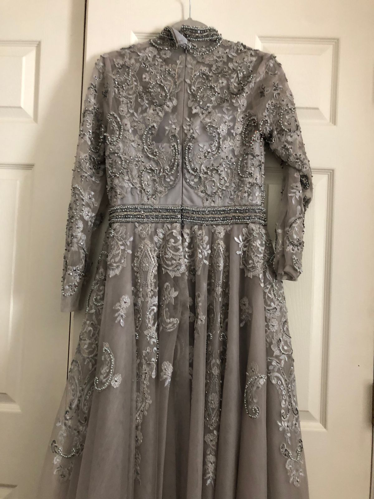 Jovani Size 12 Long Sleeve Lace Silver A-line Dress on Queenly