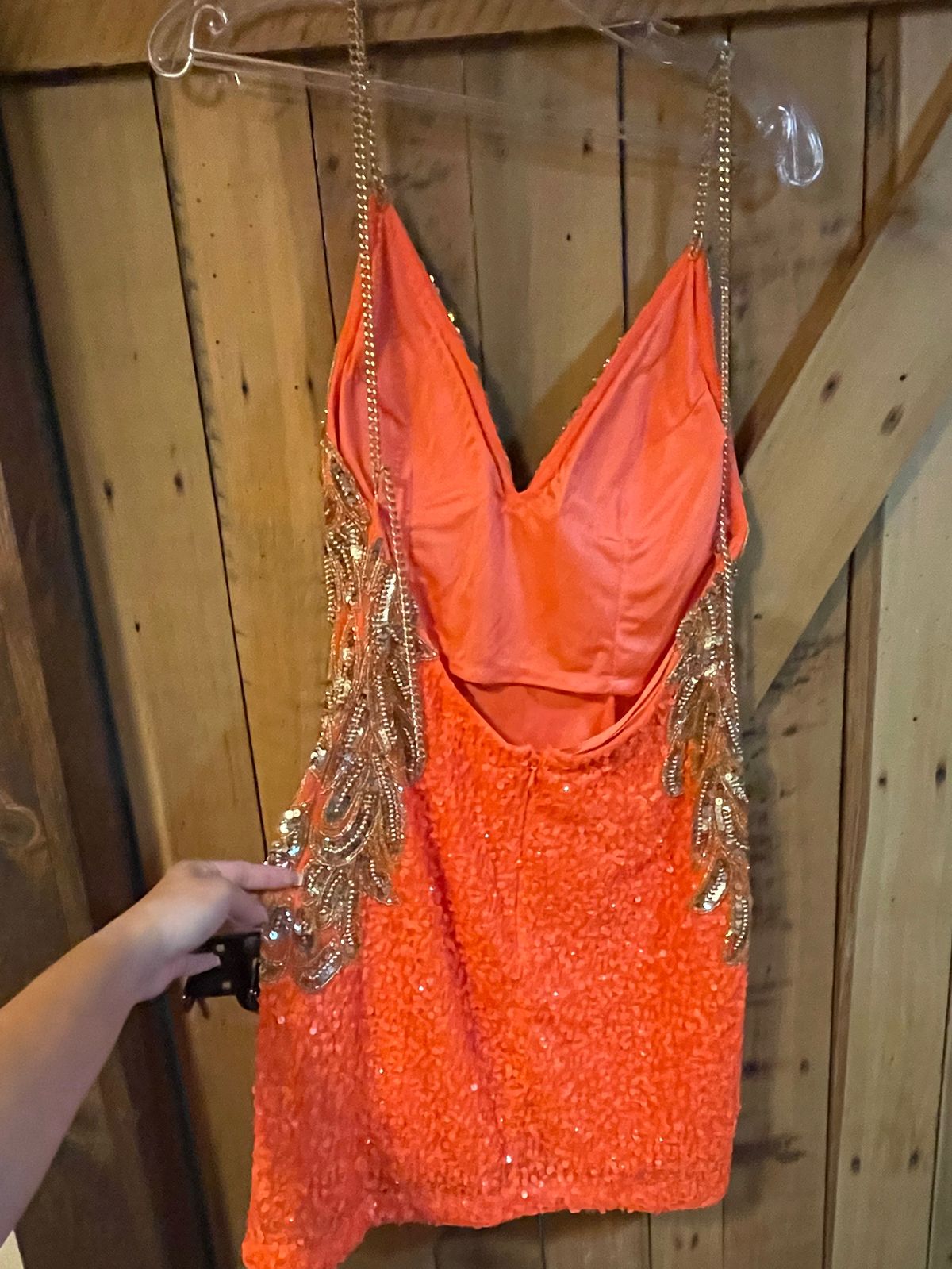 Size 4 Homecoming Plunge Sequined Orange Cocktail Dress on Queenly