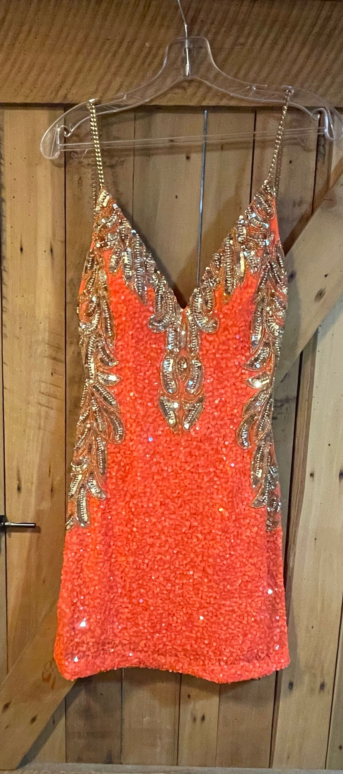 Size 4 Homecoming Plunge Sequined Orange Cocktail Dress on Queenly