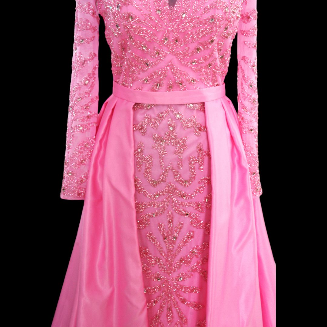 Custom Made  Size 8 Long Sleeve Pink Dress With Train on Queenly