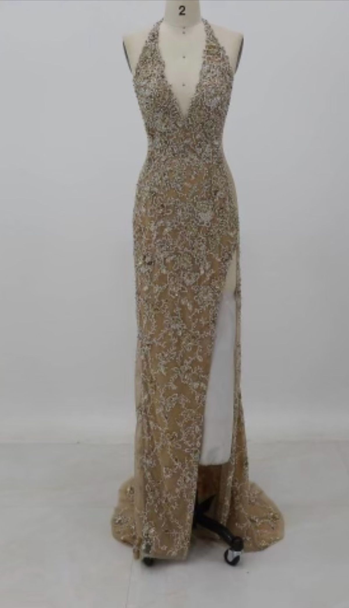 Style S48484 Jovani Size 2 Pageant Halter Gold Side Slit Dress on Queenly