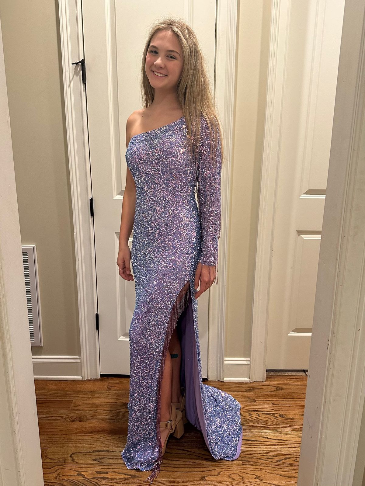 Style 70236 Rachel Allan Size 0 Prom One Shoulder Purple Side Slit Dress on Queenly