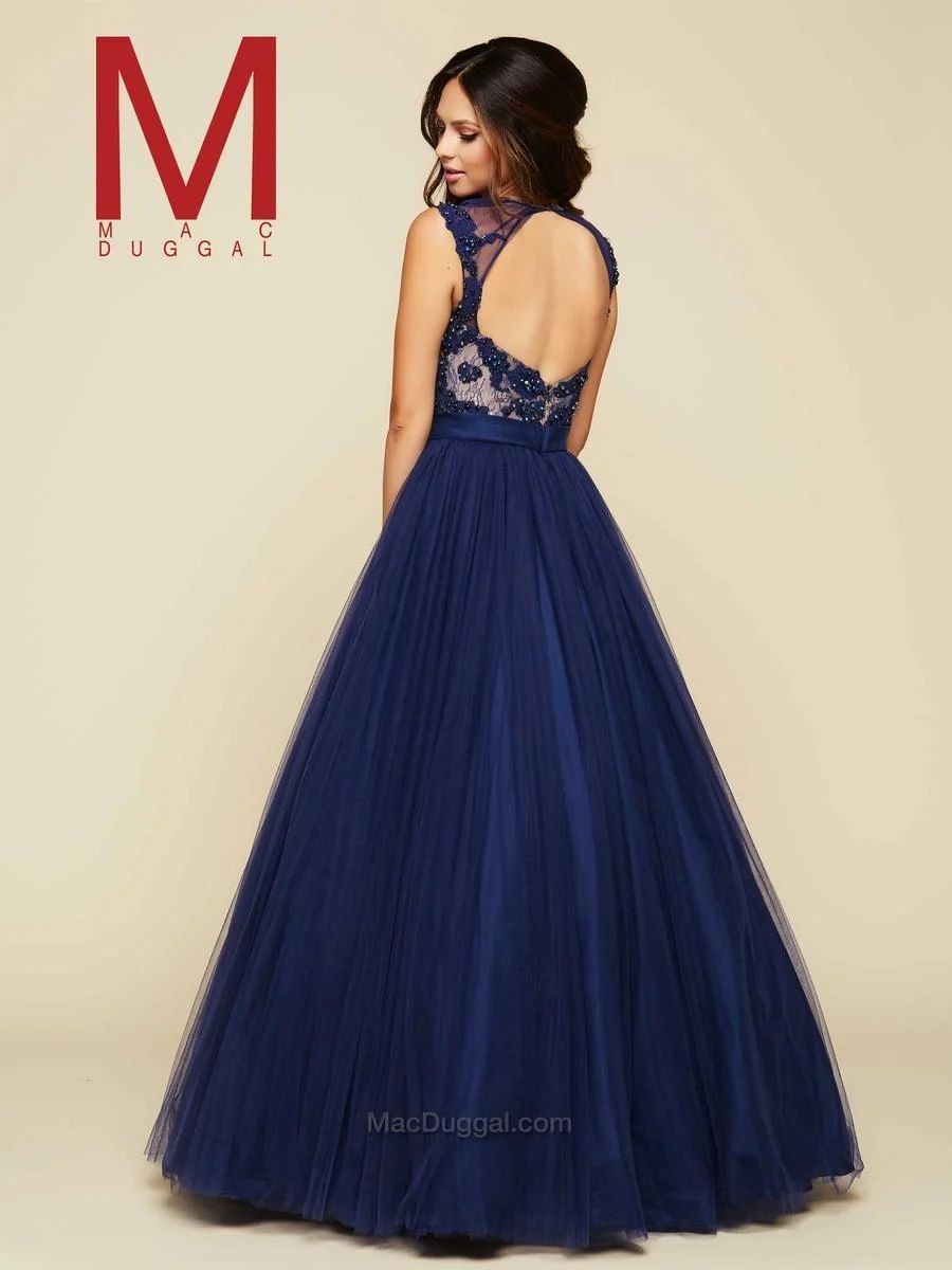 Style 65350H Mac Duggal Size 4 Cap Sleeve Sequined Navy Blue Ball Gown on Queenly