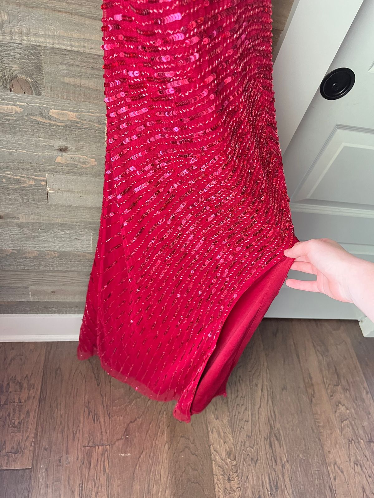 Size S Pageant Plunge Sequined Red Side Slit Dress on Queenly