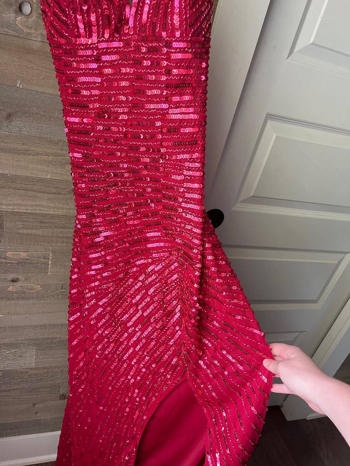 Size S Pageant Plunge Sequined Red Side Slit Dress on Queenly