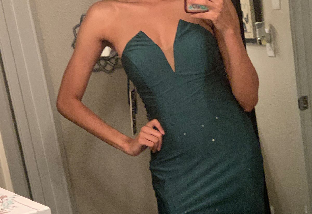 Jovani Size 00 Prom Strapless Green Side Slit Dress on Queenly