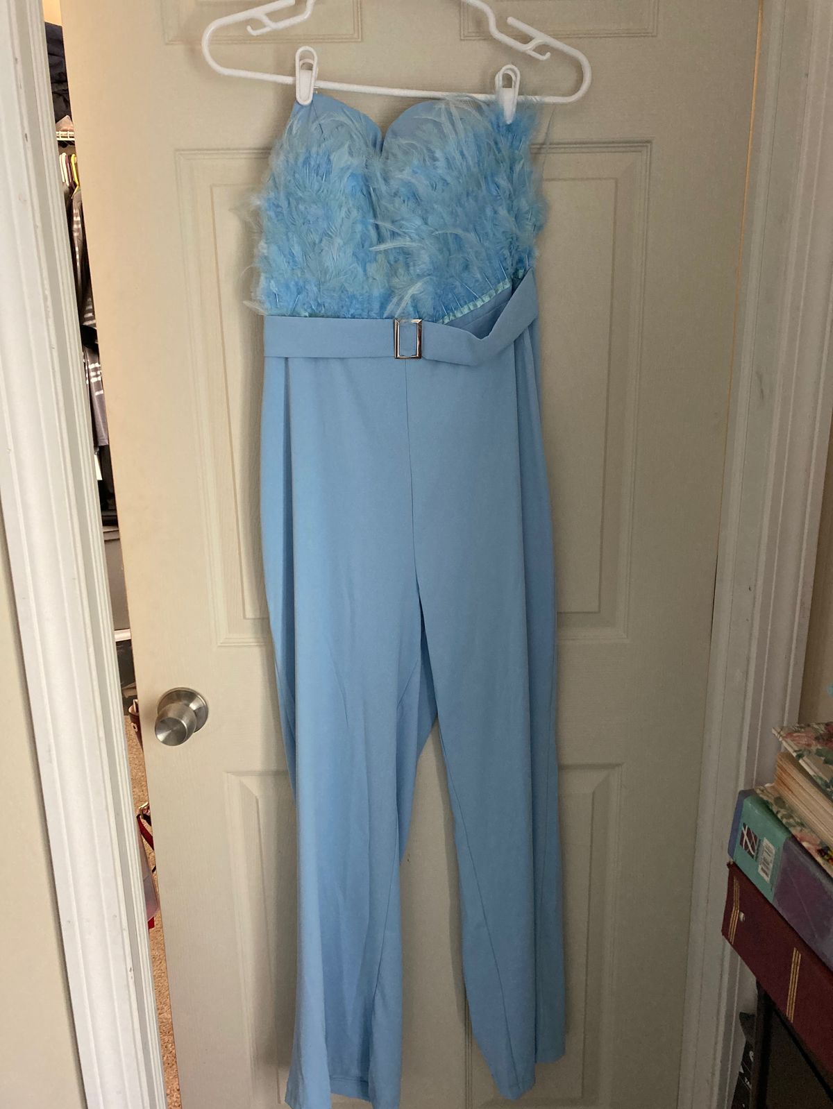 Size L Pageant Strapless Blue Formal Jumpsuit on Queenly