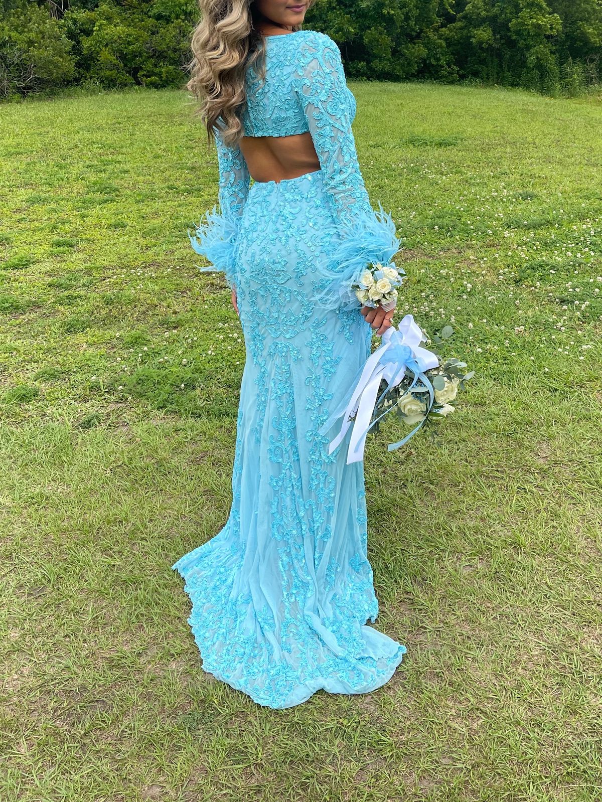 Style 11364 Ashley Lauren Size 4 Prom Long Sleeve Blue A-line Dress on Queenly