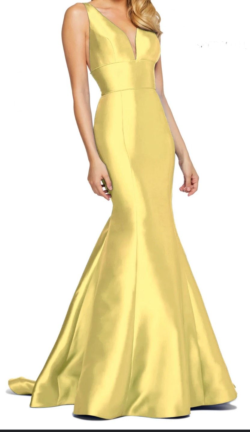 Style 53660 Sherri Hill Size 8 Prom Plunge Yellow Mermaid Dress on Queenly