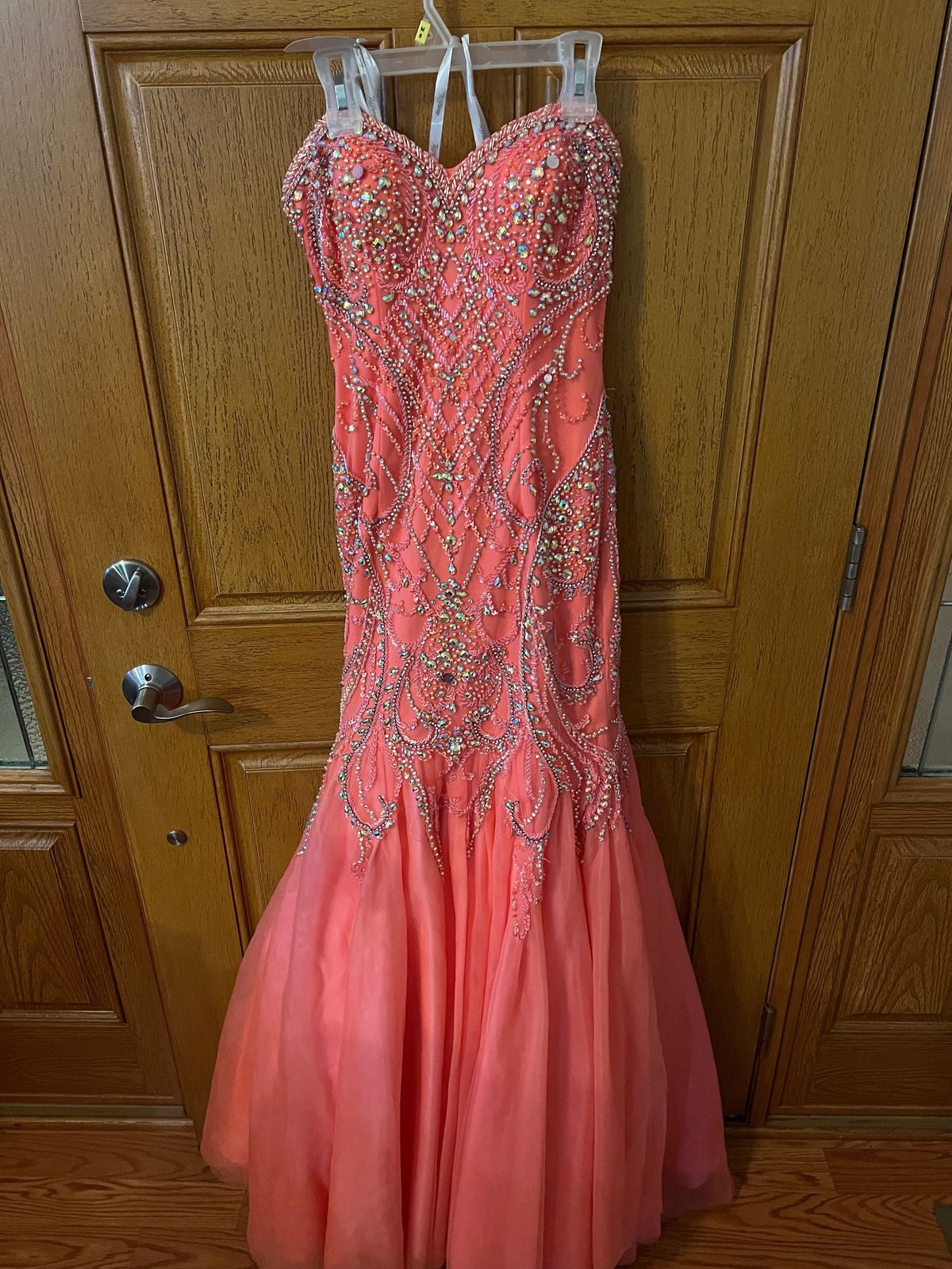 Tiffany Designs Size 4 Prom Strapless Sequined Coral Mermaid Dress on Queenly
