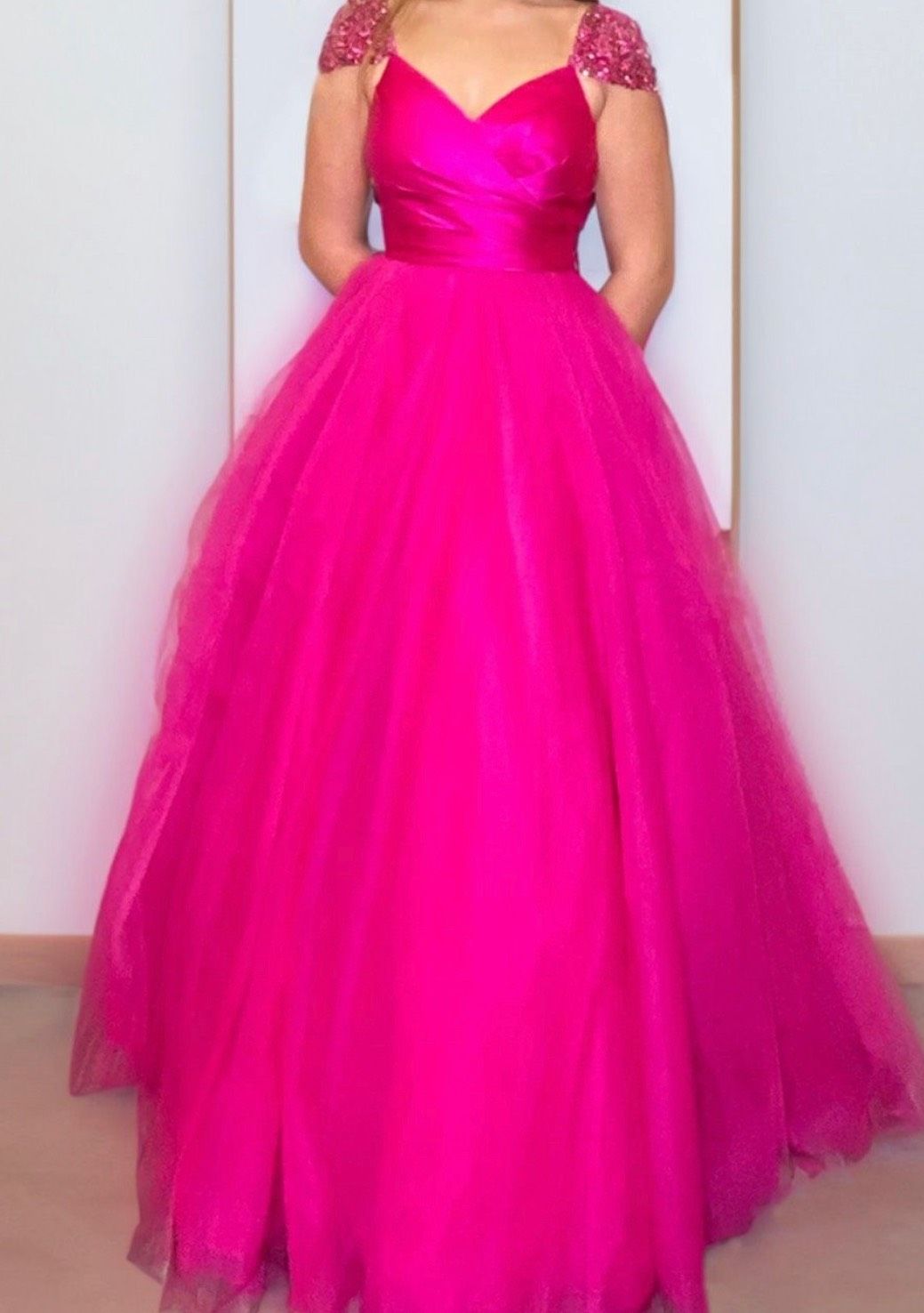 Sherri Hill Size 8 Prom Cap Sleeve Hot Pink Ball Gown on Queenly