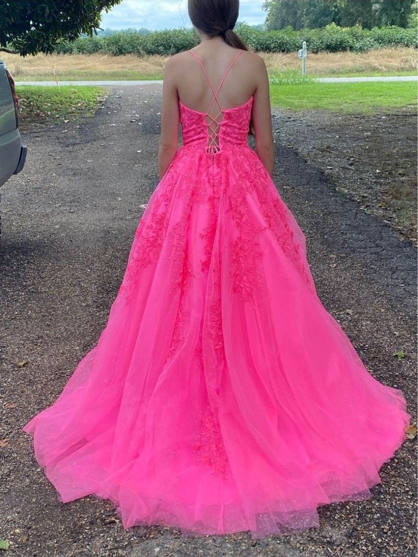Size 4 Prom Strapless Lace Hot Pink Ball Gown on Queenly