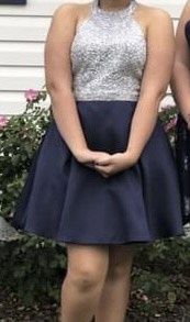 Style 0801PO2B B. Darlin Size 14 Prom High Neck Navy Blue A-line Dress on Queenly