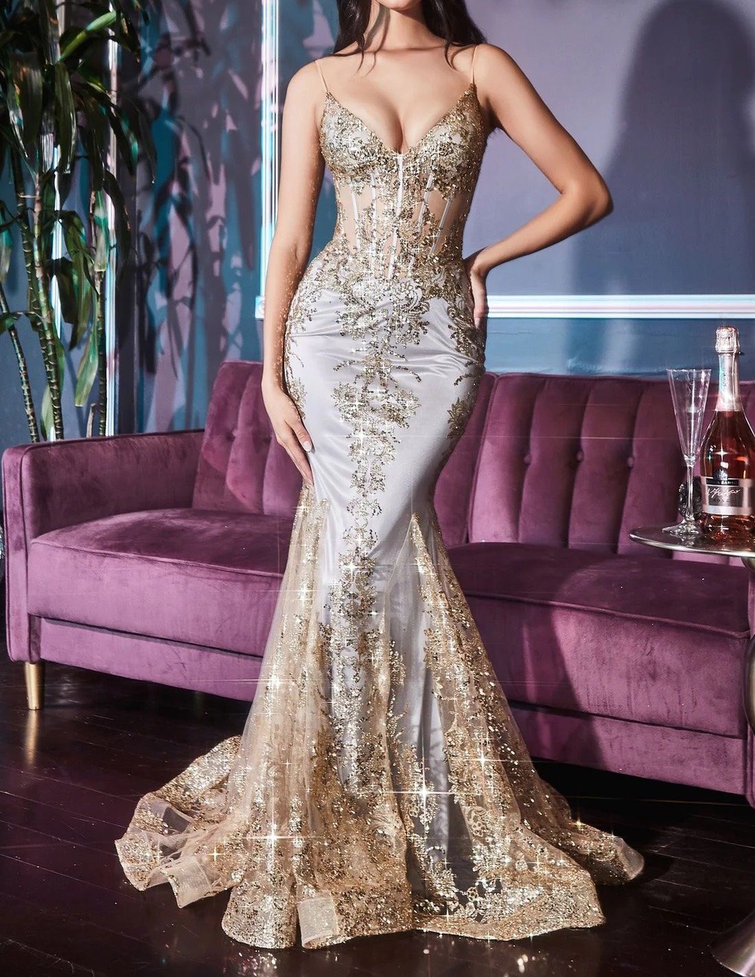 Style J810 Cinderella Divine Size L Prom Plunge Sheer Gold Mermaid Dress on Queenly