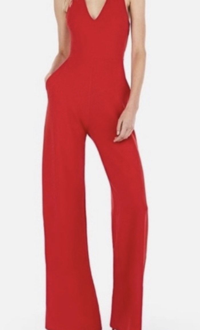 Size 4 Wedding Guest Plunge Red Formal Jumpsuit on Queenly