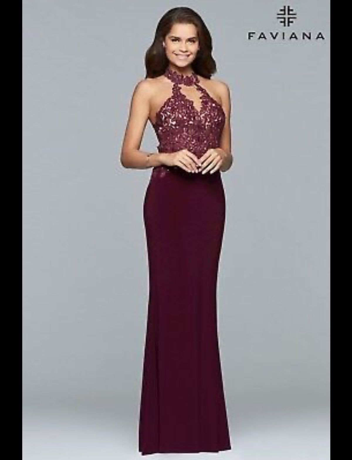Faviana Size S Prom High Neck Lace Purple Mermaid Dress on Queenly