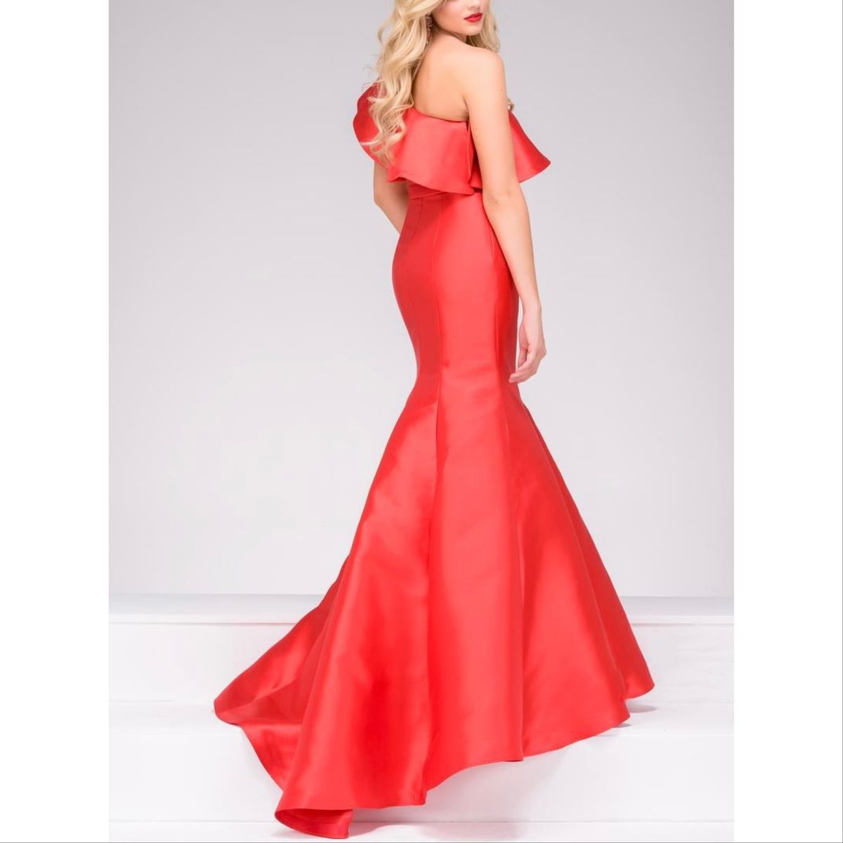 Jovani Size 2 Prom One Shoulder Satin Red Mermaid Dress on Queenly