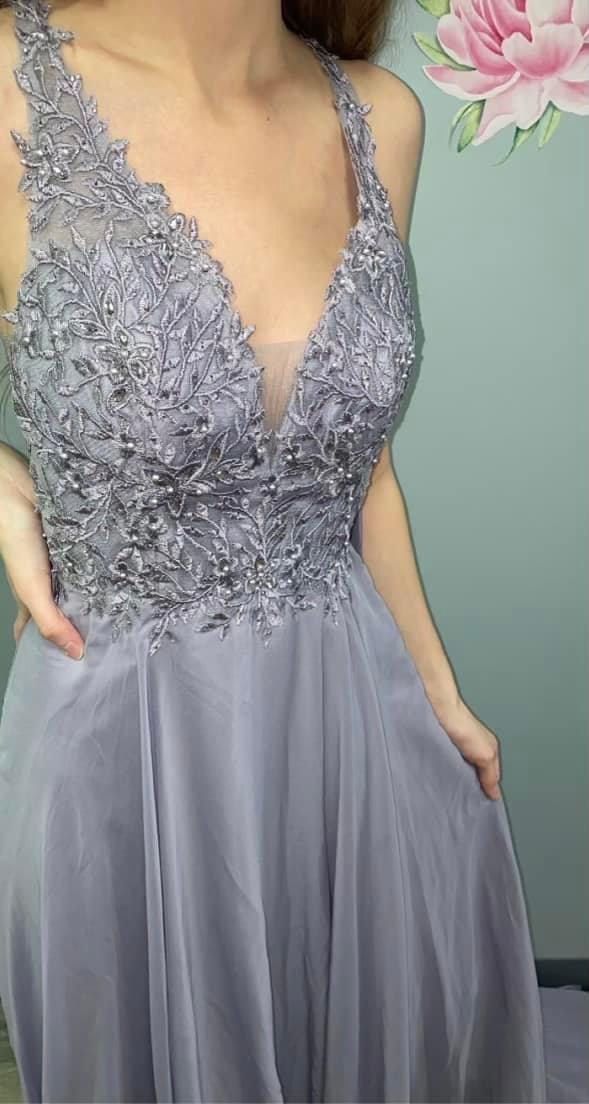 Style 8153 Clarisse Plus Size 16 Bridesmaid Plunge Lace Light Purple Dress With Train on Queenly
