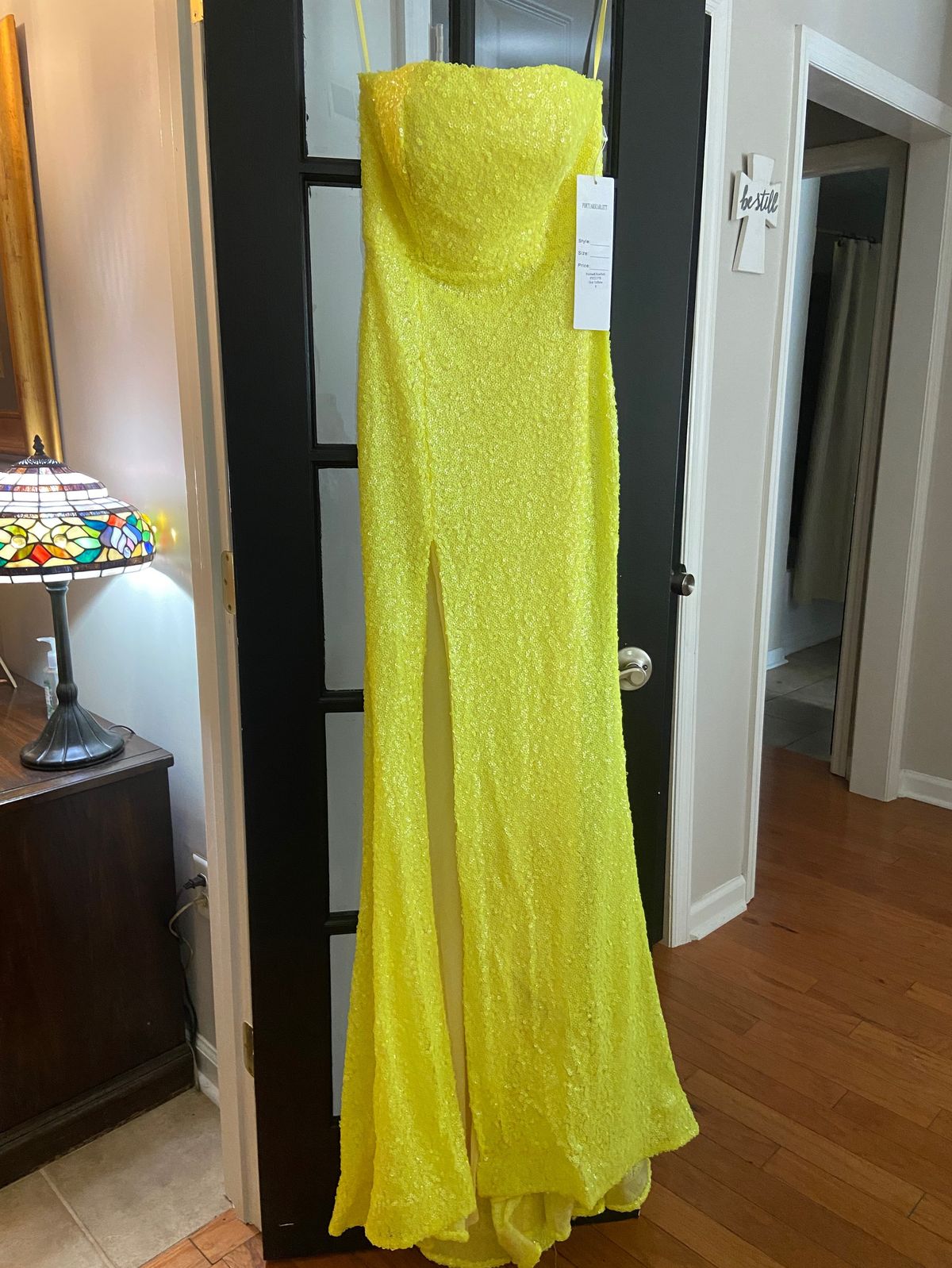 Style PS22378 Portia and Scarlett Size 6 Prom Off The Shoulder Yellow Side Slit Dress on Queenly
