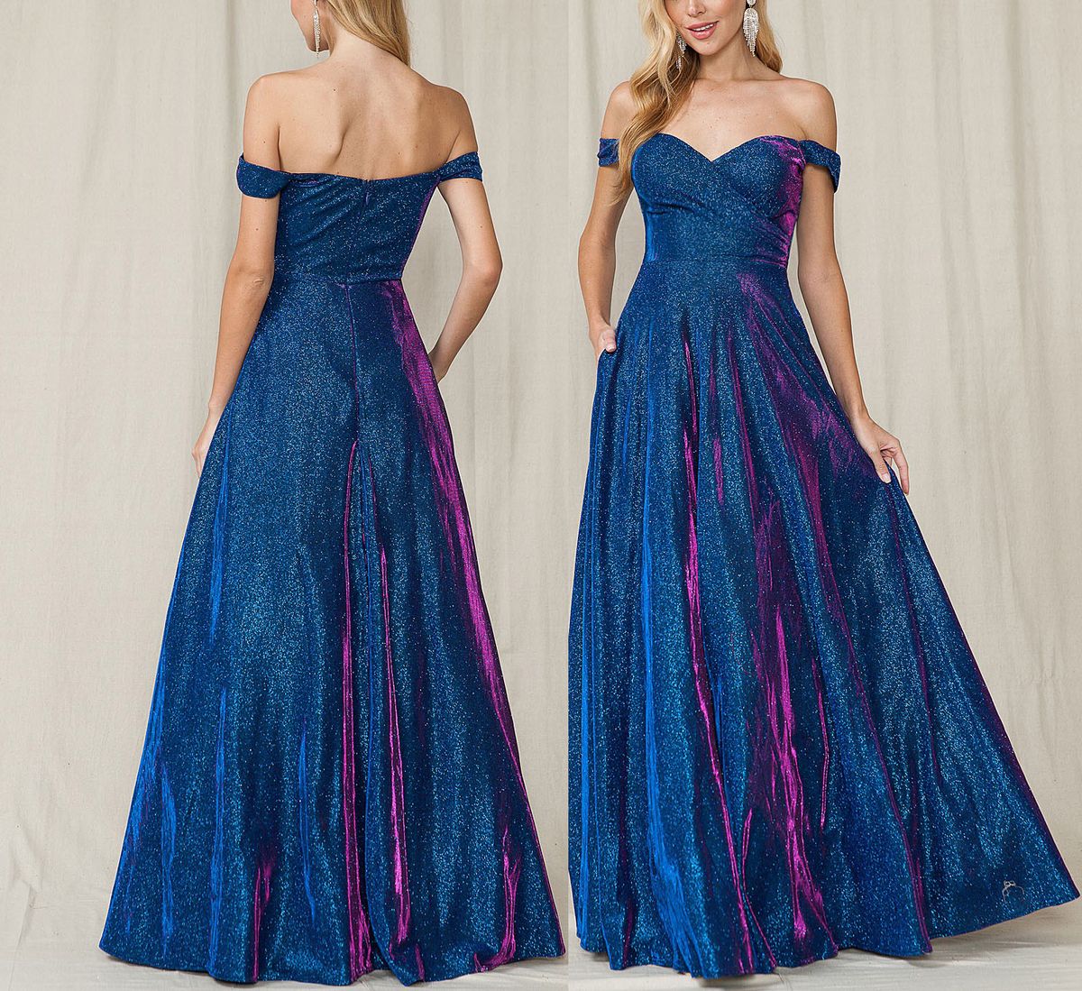 Style Electric Blue Off The Shoulder Sweetheart Metallic Formal Prom Ball Gown Dress Size 6 Prom Off The Shoulder Blue Ball Gown on Queenly