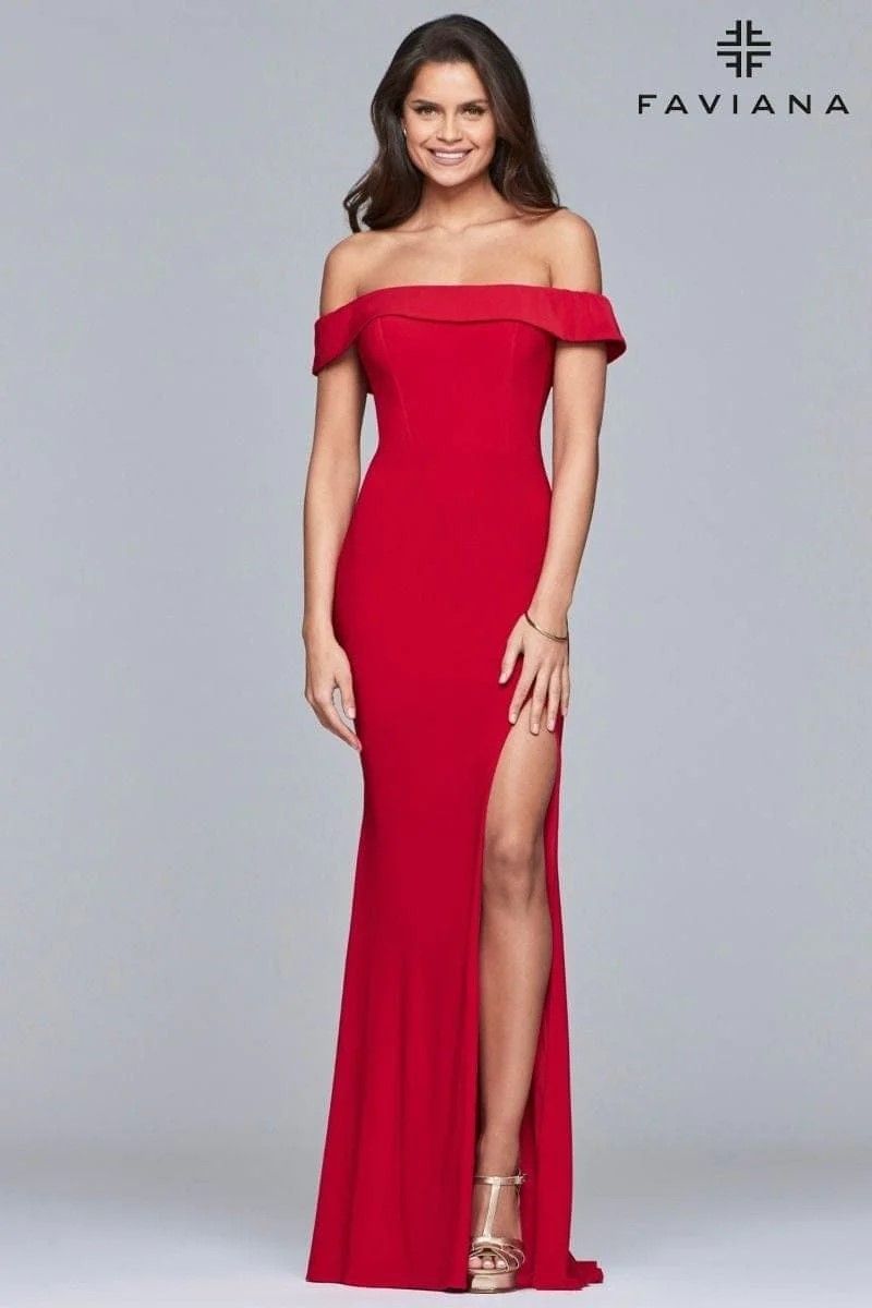 Style 10015 Faviana Size 2 Prom Off The Shoulder Sequined Red Side Slit Dress on Queenly