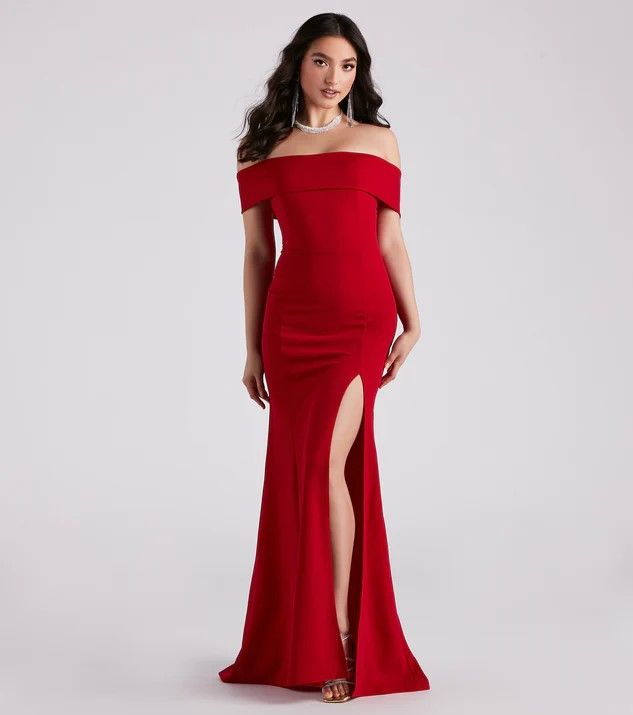 Style 10015 Faviana Size 6 Off The Shoulder Sequined Red Side Slit Dress on Queenly