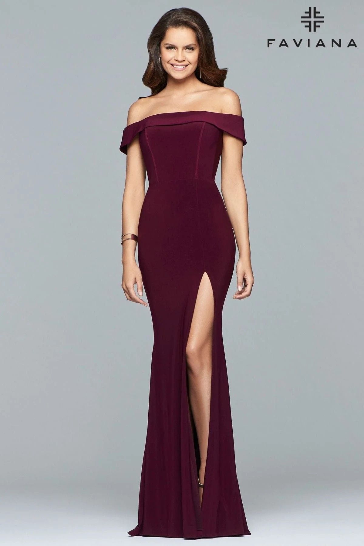 Style 10015 Faviana Size 10 Prom Off The Shoulder Sequined Burgundy Red Side Slit Dress on Queenly