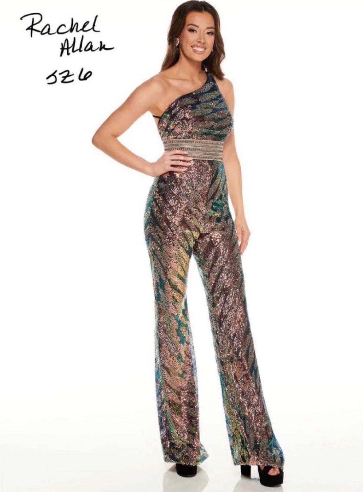 Style 70070 Rachel Allan Size 6 Prom One Shoulder Multicolor Formal Jumpsuit on Queenly