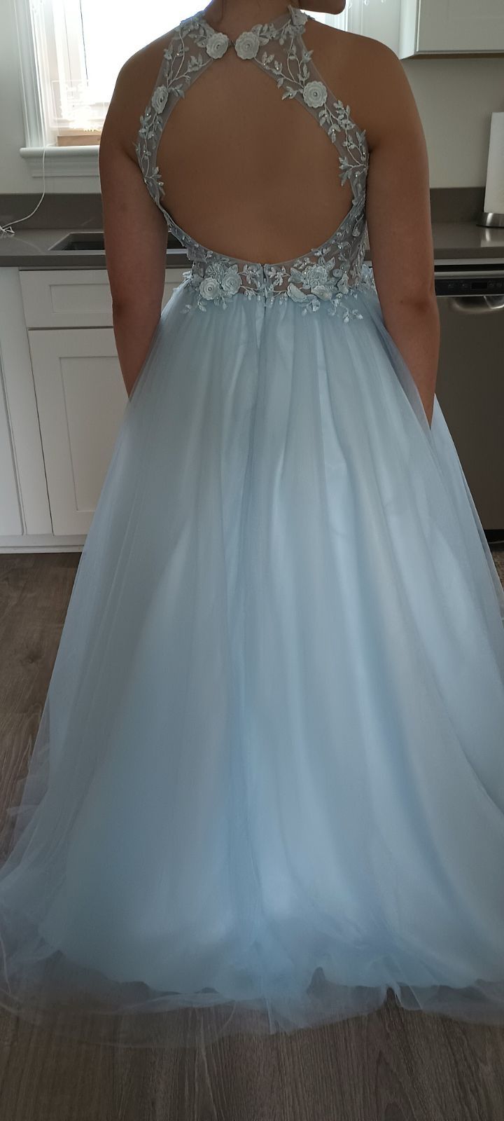 Clarisse Size 6 Prom High Neck Floral Light Blue Ball Gown on Queenly