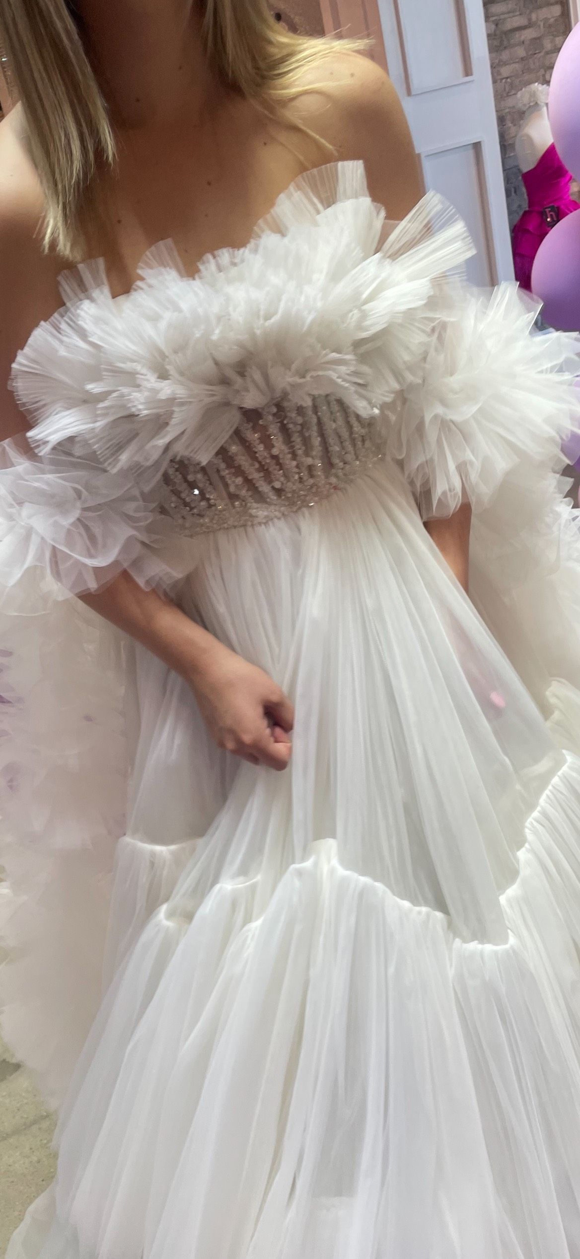 Style 98031 Tarik Ediz Size 2 Wedding Strapless Sheer White Ball Gown on Queenly