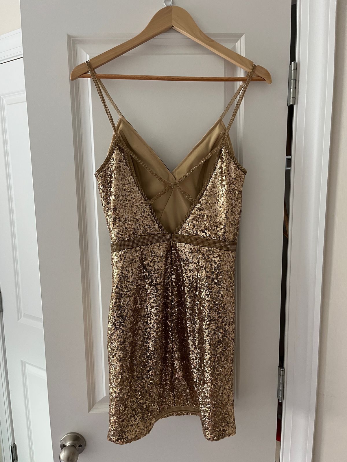 Jovani Size 4 Pageant Plunge Gold Cocktail Dress on Queenly