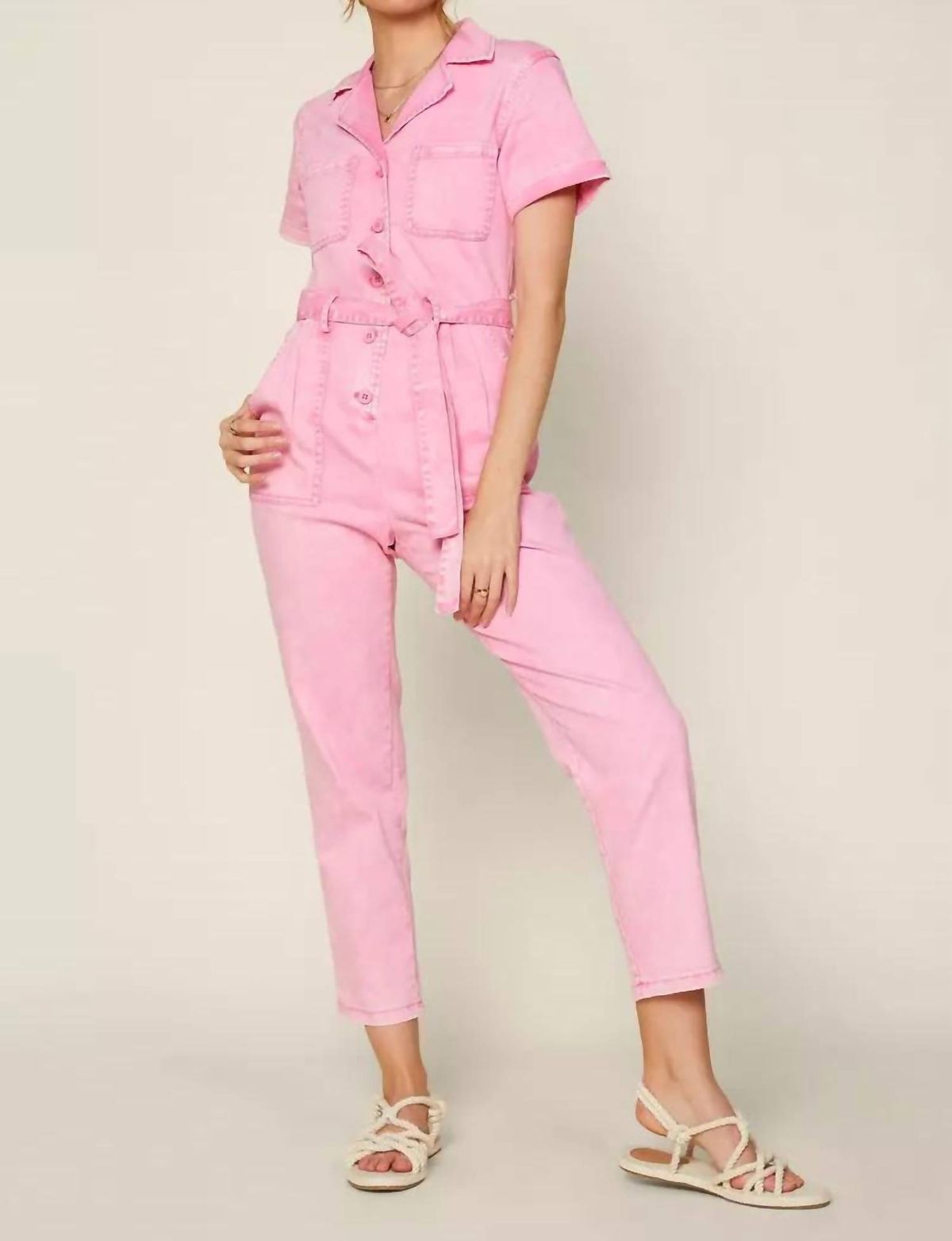 Style 1-2416767107-3471 SKIES ARE BLUE Size S Sequined Pink Formal Jumpsuit on Queenly