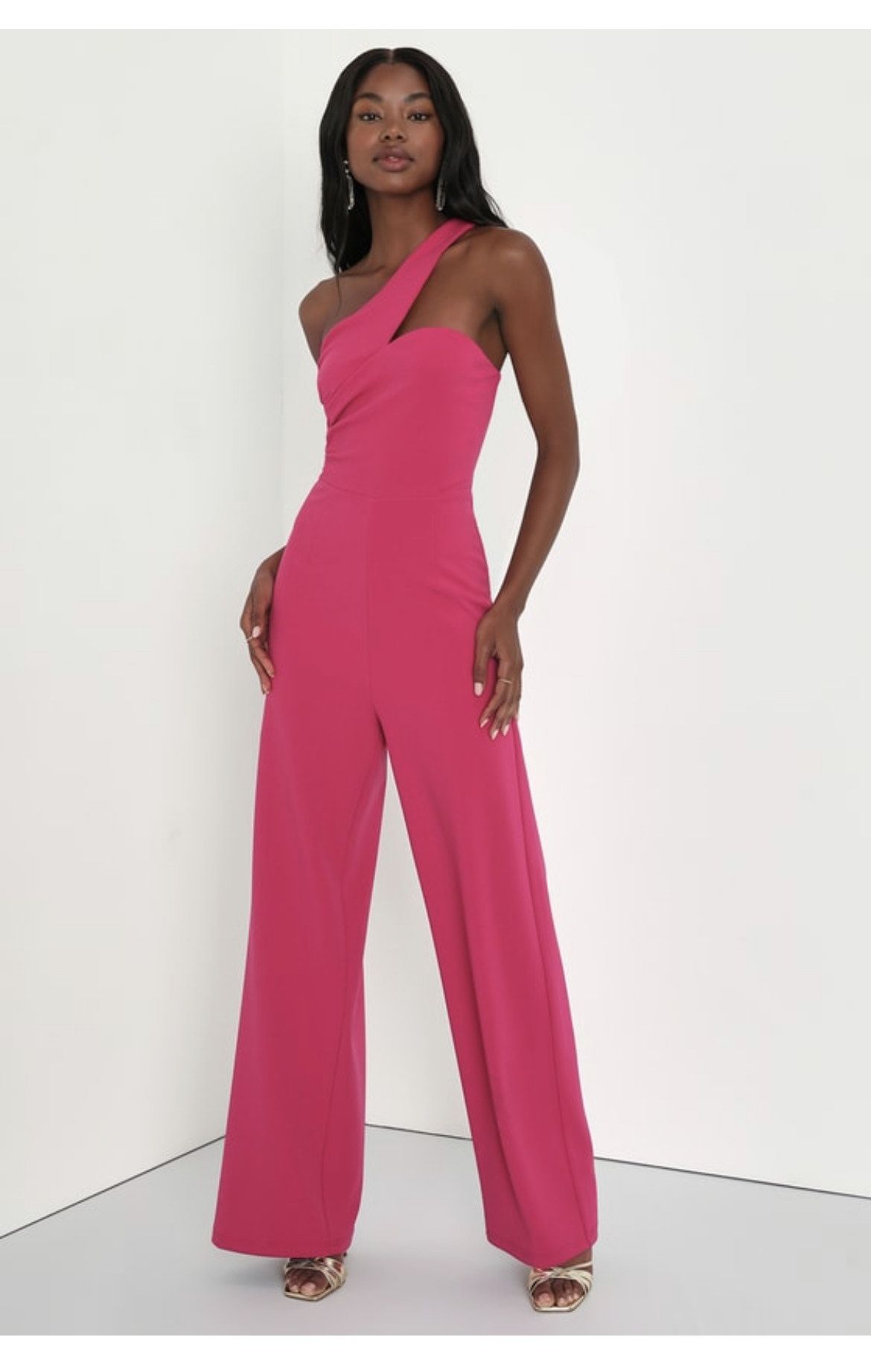 Size L Pageant One Shoulder Pink Formal Jumpsuit on Queenly