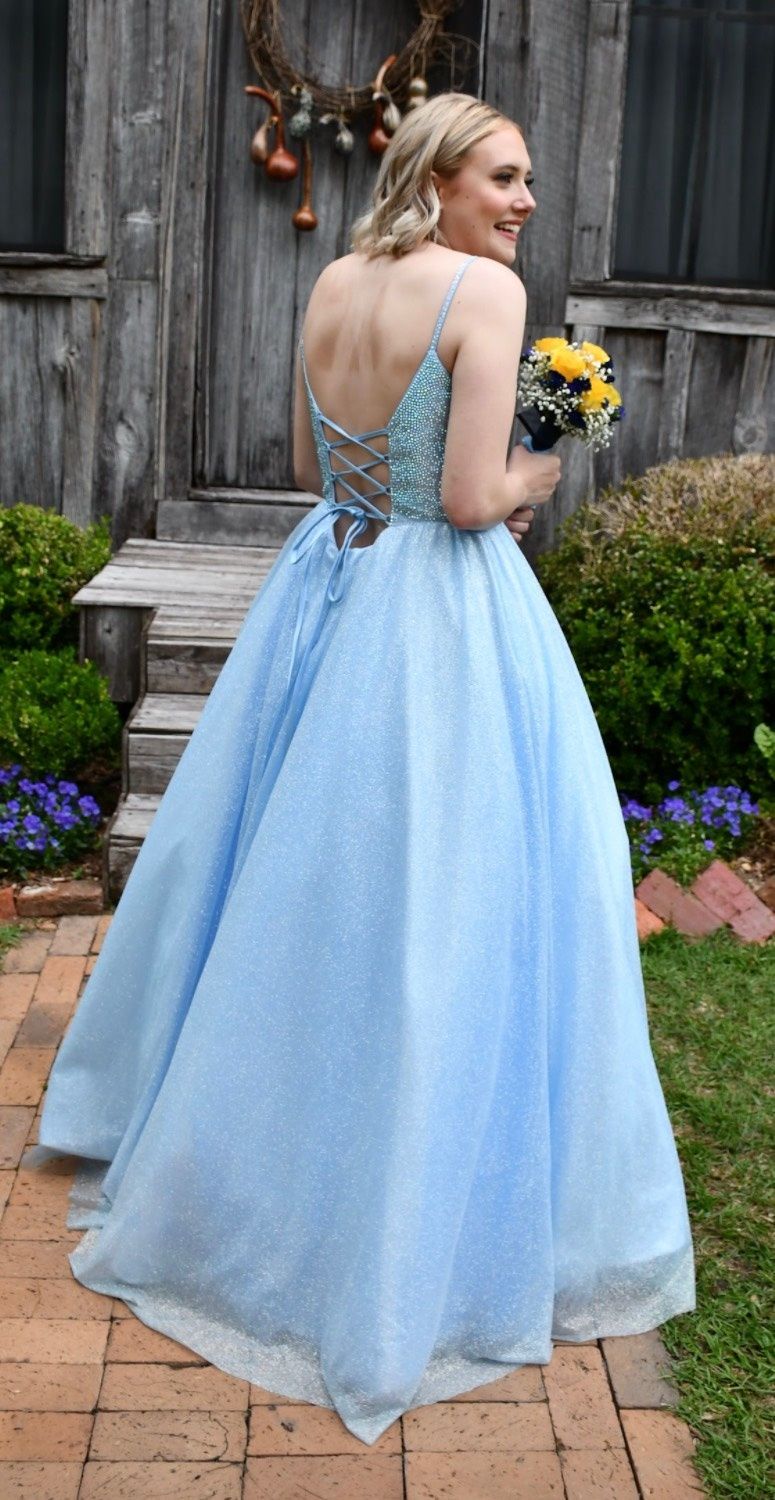 Style 54205 Sherri Hill Size 6 Prom Plunge Sequined Blue Ball Gown on Queenly